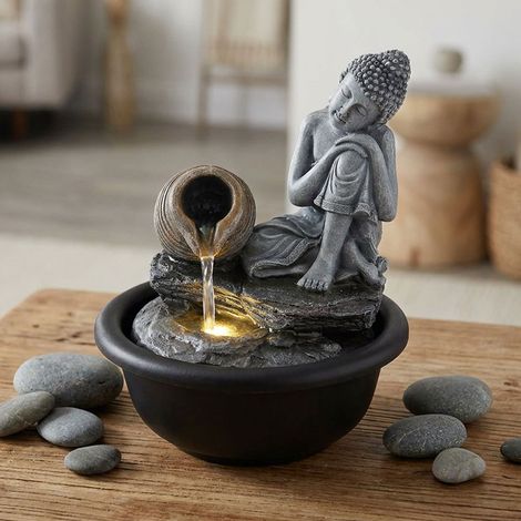 Fontana Fontana da interno Buddha cascata grigia Deco luce LED H 19 cm