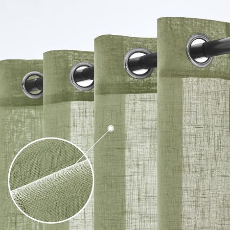 Rideaux Court en Lin Translucides Voilage Fenêtre à Oeillets Rideaux et Draperies Intérieurs Modernes pour Chambre Salon Coucher Lot de 2, 140x145 cm Vert (1/5)