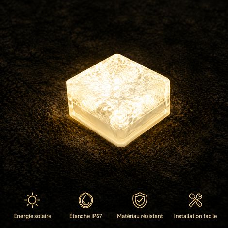 Pavé solaire LED brique de verre blanc chaud étanche IP44 pour jardin et terrasse 7 5 blanc chaud 10 × 10 × 5,5 cm 360 g – Livraison gratuite
