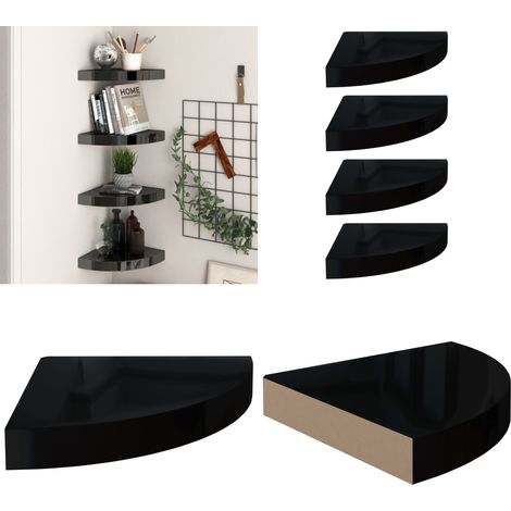 Étagères d'angle flottantes 4 pcs noir brillant 25x25x3,8cm MDF - Etagere Murale - Étagère D'angle - Étagère Flottante - Rangement Mural - Décoration Murale - Home & Living (1/5)