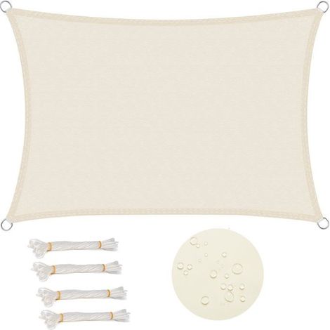 Voile d'ombrage rectangulaire 3x4 m - Polyester imperméable PU, Protection solaire 93%, anneaux inox, crème (1/5)