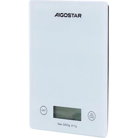 Balance de cuisine numérique Aigostar 5 kg (5000 g), précision de 1 g, plateau en verre trempé, pour la maison et la boulangerie.