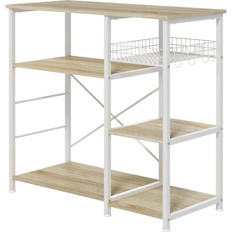 HOMCOM Scaffale Cucina Moderno 4 Ripiani in Legno e Acciaio con Cestino e Ganci
