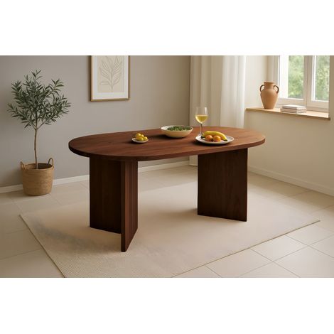 Esstisch 160 x 90 cm Akazienholz Nussbaum gerade Kante oval V-Gestell LAURIE (1/5)