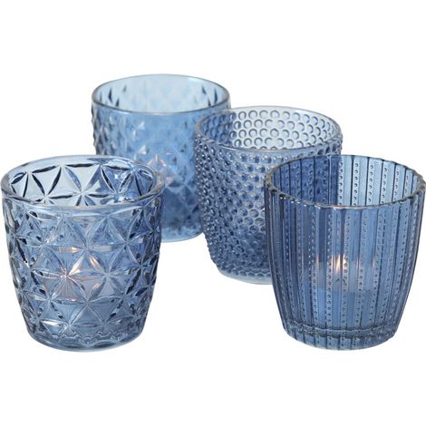 Ensemble de photophores 4 pièces bleu, verres décoratifs pour bougies / chauffe-plats, porte-bougies Ø 8 cm, motifs variés, forme ronde, support pour chauffe-plat 1020523 (1/2)