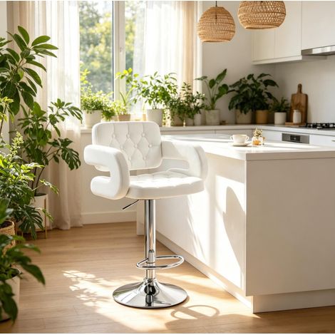 Taburete de bar regulable en altura con reposabrazos y respaldo, blanco OKMYHOME (1/5)