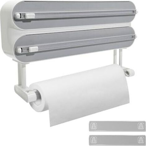 Wall-mounted kitchen roll holder, improved 3-in-1 magnetic food wrap dispenser, with integrated roll holder, 50m plastic wrap roll, white (1/4)