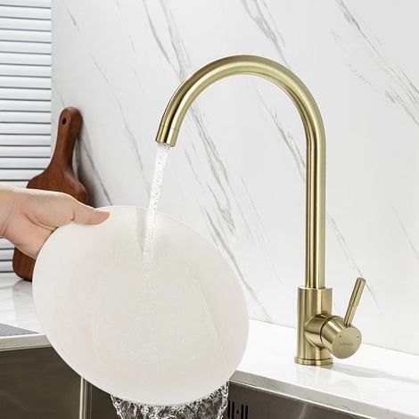 Robinet Cuisine, Mitigeur Evier Flexible Rotatif à 360°, Mitigeur Cuisine Acier Inoxydable avec Aérateur Démontable, Doré Brossé (1/5)
