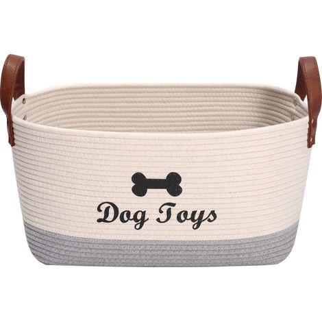 Le Panier à Jouets pour Chien tissé en Corde de Coton, poignée de Ceinture en Cuir, Convient pour Ranger Les Jouets  -Beige Gris