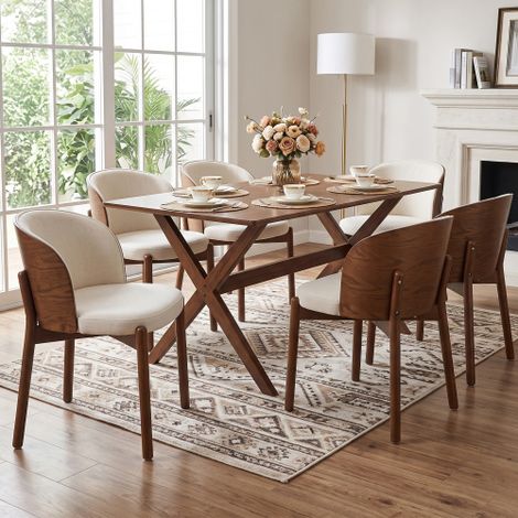 Chaises de salle à manger en bois massif (lot de 4) — confortables et respirantes  adaptées aux salles à manger, salons et cafés. Design moderne avec revêtement en lin, placage de frêne et finition co (1/5)
