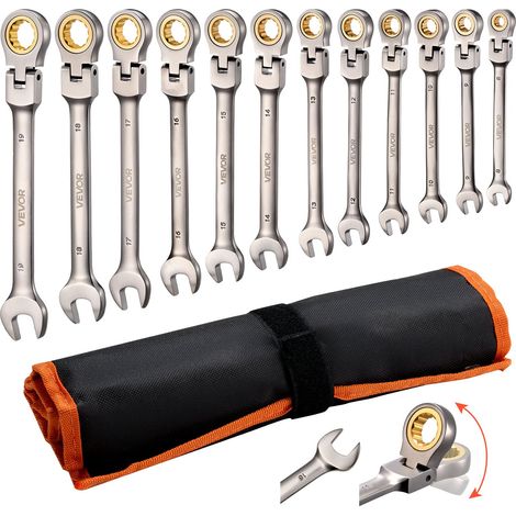 Jeu de Clés Mixtes 12PCs, Clé Plate à Cliquet Flexible Métrique de 8 à 19 mm, pour Réparation Domestique et Automobile, Extrémité Fourche, 72 Dents, en Acier Cr-V, avec Trousse Enroulable (1/5)