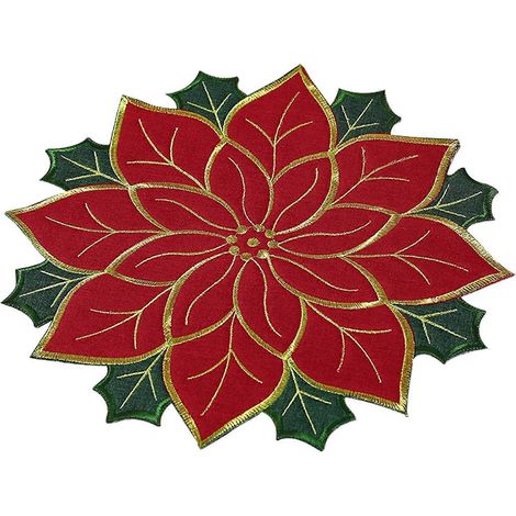Sets de table de Noël, sets de table brodés de poinsettias rouges, sets de table ronds brodés de Noël de 40 cm, sets de table en forme de fleur de Noël (1/5)