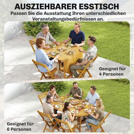 Ensemble de jardin en bois FSC 7 pièces, table extensible avec trou pour parasol, 6 chaises pliantes à lames, design moderne (1/5)