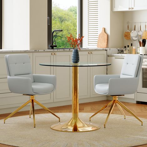 Lot table + 2 chaises : table ronde verre Ø85 cm, piètement métal, chaises gris clair PU pivotantes 360° salle à manger. (1/4)