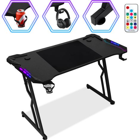TolleTour LED Bureau Gaming 140 x 60 cm, Bureau Gamer avec Tapis de Souris, Table Gaming PC en Fibre de Carbone avec Crochet pour Casque, Modèle de base