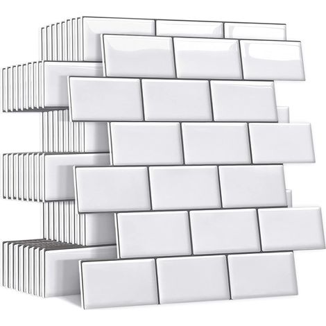 (White) 10 Pieces Thicker Adhesive Backsplash for Kitchen and Bathroom, White Adhesive Faux Tile Wall Backsplash, Waterproof 3D Metro PVC Wall Tile (1/5)