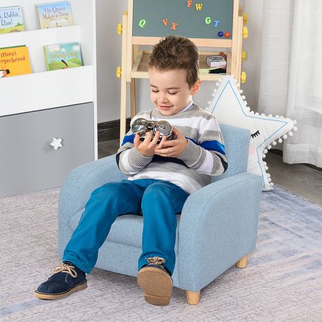 Fauteuil Enfant Design scandinave Grand Confort accoudoirs Assise Dossier garnissage Mousse Haute densité piètement Bois Caoutchouc Lin Bleu
