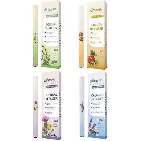 Lot de 4 stylos diffuseurs de parfum d'ambiance aux herbes pour une haleine fraîche et un soin corporel optimal. Contient de la molène, du thym, du guarana et de l'extrait de thé vert. (1/4)