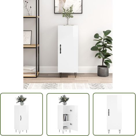 The Living Store Buffet Blanc brillant 34,5x34x90 cm Bois d'ingénierie - Buffet - Meuble De Rangement - Armoire - Commode - Mobilier (1/5)