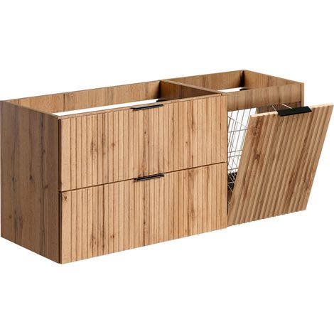 Furnidea - Meuble suspendu sous vasque avec panier à linge ADEL CHÊNE 120 cm - 2 tiroirs - Façades rainurées (1/5)