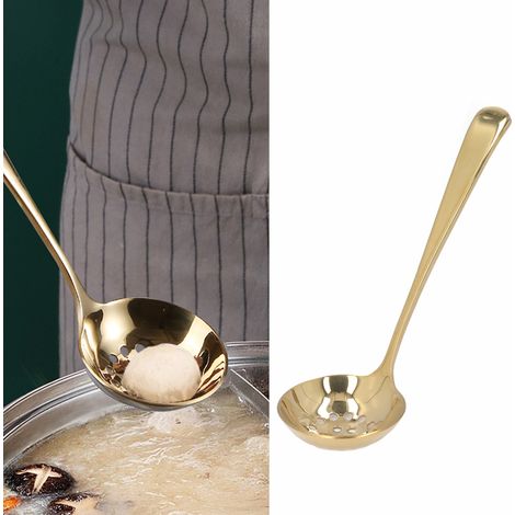Louche en acier inoxydable 304, petite passoire, louche à fondue, cuillère de service à soupe profonde, cuillère à égoutter, cuillère à soupe à long manche, cuillère à congee, passoire dorée (1/5)