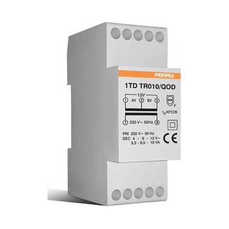 PERRY Trasformatore 10VA per servizio continuo uscite 4-8-12V 2 DIN, montaggio a retroquadro IP40 - 1TDTR010/QOD