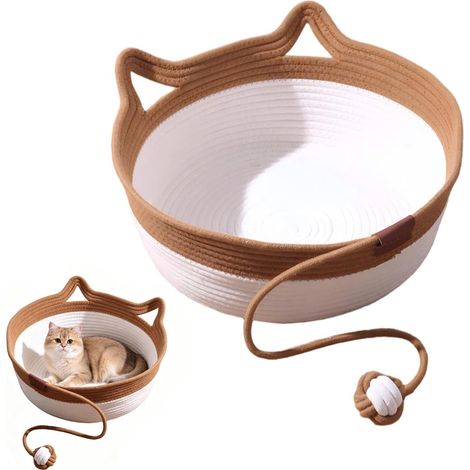 Lit pour chat avec balle en corde de corde, 46 x 46 x 16 cm, rond, en corde de coton, respirant, lavable, intérieur, pour tous les chats et chiots (1/5)