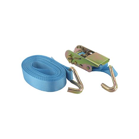 Ratschengurt mit 500 kg Tragfähigkeit, bestehend aus: 1 Gurt, 1 Ratsche, 2 Stahlhaken in J-Form – Maße: 25 mm x 5 Meter.