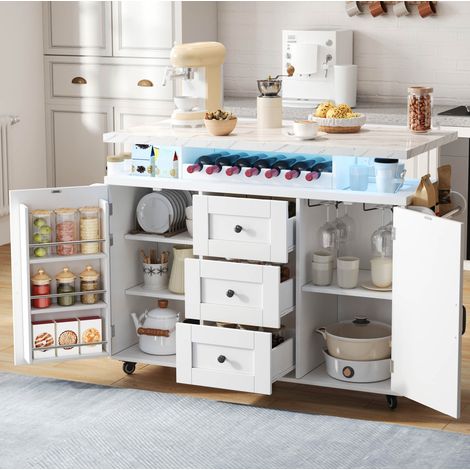 REDOM - Isla de cocina 138x60x93 cm, encimera abatible, LED multicolor, 5 ruedas con bloqueo, MDF blanco (1/5)