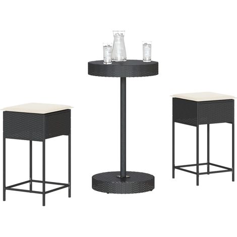 3-tlg. Gartenbar-Set mit Kissen Schwarz Poly Rattan