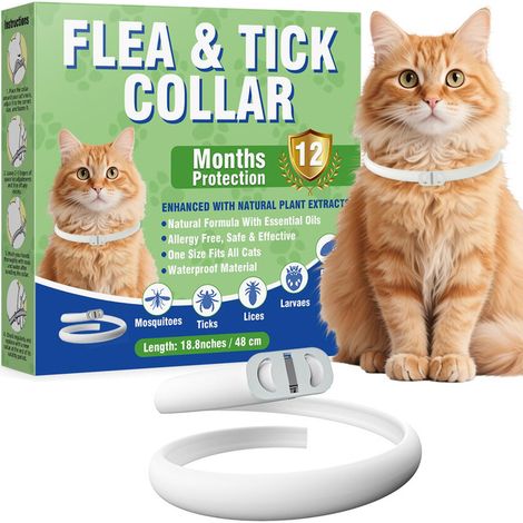 Collier anti-puces et tiques pour chat, protection naturelle longue durée 12 mois, ajustable et imperméable