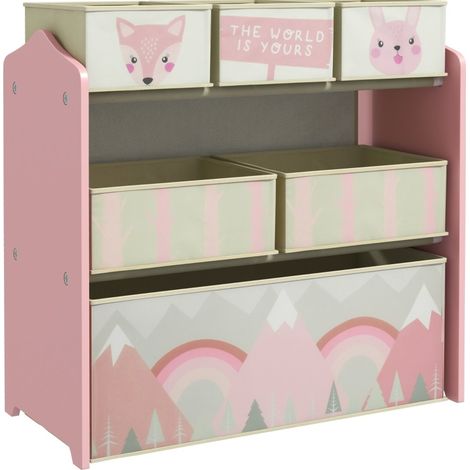 Étagère enfant de rangement avec 6 bacs en tissu, 3 petits, 2 moyens et 1 grand, motif ludique, rose, 63 x 30 x 66 cm - CHICFURN (1/5)