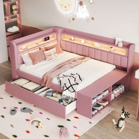 Canapé-lit capitonné 90x200 cm - LED et port USB - 2 tiroirs et étagère à chaussures - MDF+Lin - Rose(sans matelas)