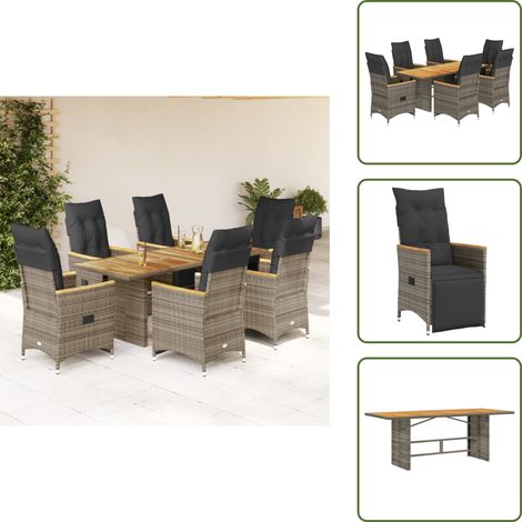 Ensemble de bistro de jardin 7 pcs coussins gris poly rotin - Meubles De Jardin - Salon De Jardin - Set De Bistro - Fauteuil Inclinable - Résine Tressée (1/5)