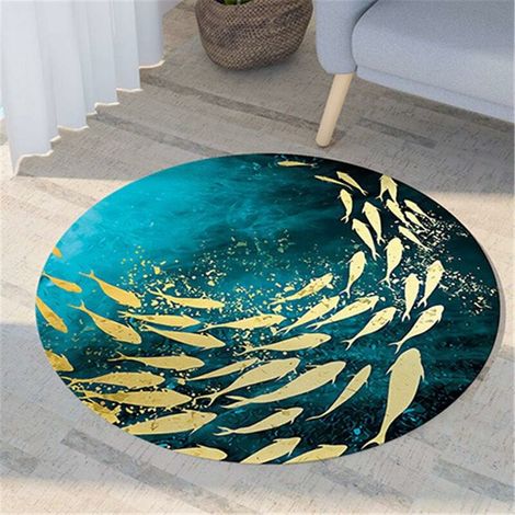 Machine Washable Round Rug, Chinese Style 3D Blue Golden Indoor Anti-Slip Bedroom Living Room Non-Slip Absorbent Entrance Mat (100cm, Golden Koi) (1/5)