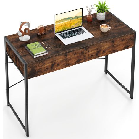 COSTWAY Computer Desk Compact Writing Desk with 2 Drawers-Brown (1/5)
