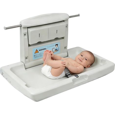 Station à langer murale commerciale, table à langer pliable pour salle de bain publique avec sangle de sécurité réglable, crochets double face et boîtes de rangement pliables (1/5)