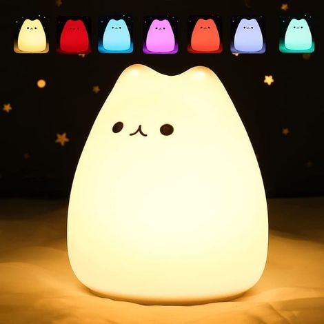 Veilleuse pour bébé, veilleuse pour enfants, veilleuse chat kawaii 7 couleurs, veilleuse LED, fonction minuterie de lampe de chevet, veilleuse tactile (1/5)