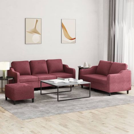 3-tlg. Sofagarnitur mit Kissen Weinrot Stoff (1/5)