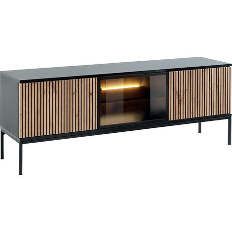 Meuble TV 3 portes avec LEDs en MDF et verre fumé - Noir et Naturel - OVILA (1/5)