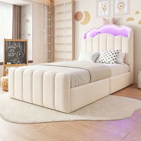 Letto imbottito per bambini 90 x 200 cm con contenitore idraulico, rivestimento in velluto, testiera a LED con illuminazione a colori variabili, porte di ricarica USB e USB-C, testiera a scomparsa con (1/5)