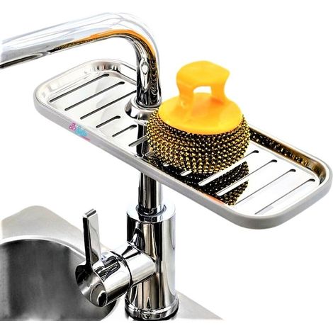 Sofia Multifunktionshalter für Schwämme, Geschirr und Küchenaccessoires, mit Wasserhahnaufsatz, Edelstahl, Doppelversion, 28,3 cm x 10,4 cm, Silber (1/5)