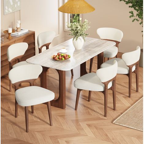 Silla de comedor de chenilla beige claro con estructura de madera maciza, cómoda y de fácil montaje (1/5)