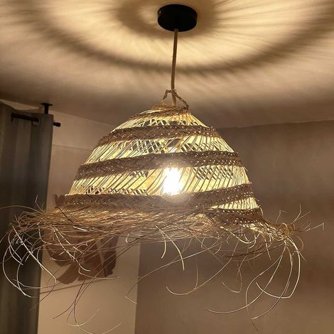 Abat-jour en paille ajourée – Diamètre 50 cm, hauteur 40 cm – Fait main – Pour ampoule LED – Design bohème chic