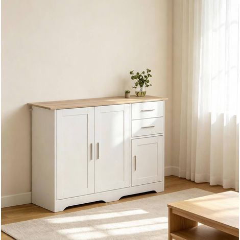 Aparador moderno con 2 cajones y 2 armarios 100 x 40 x 78 cm blanco y efecto madera natural OKWISH (1/5)