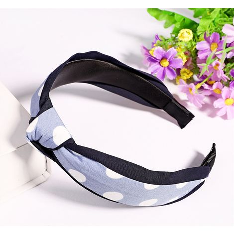 Accessoire de coiffure tendance pour femme : serre-tête rond à nœud croisé et pois (bleu clair) (1/2)