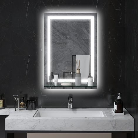 Espejo de baño con luz LED 50 x 70 cm, 3 tonos de luz, balda de cristal e IP44, plateado HAVRYA (1/5)