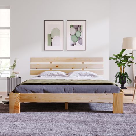 Lit double en bois massif 140x200 cm avec tête de lit, sommier à lattes inclus – cadre de lit en pin robuste, convertible en lit jumeau (1/5)