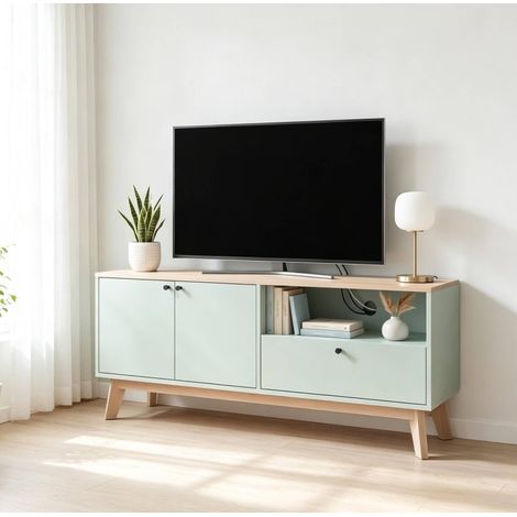 Meuble TV 120x35x50 cm en MDF vert clair, avec rangement pour salon, moderne FloraGrace (1/5)