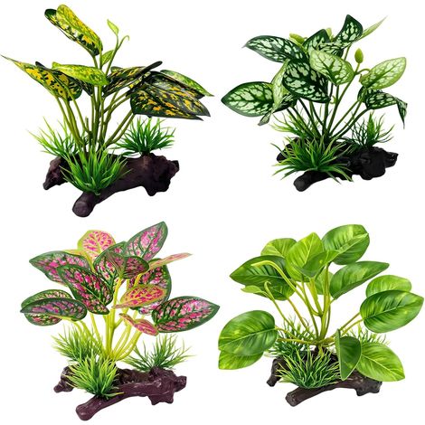 4Pcs Reptile Accessories, Vivarium Decoration with Three Artificial Plants, Enhance Reptile Habitat Environment, Three-Pronged Leaves in Yellow Red White Colours (1/5)